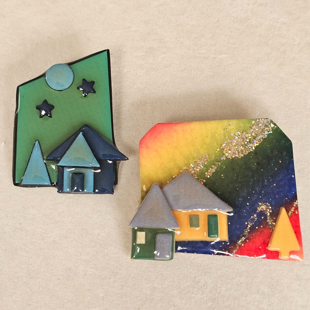 Vintage House Pins by Lucinda Resin Rainbow Night Landscape Glitter‎ Brooch Set